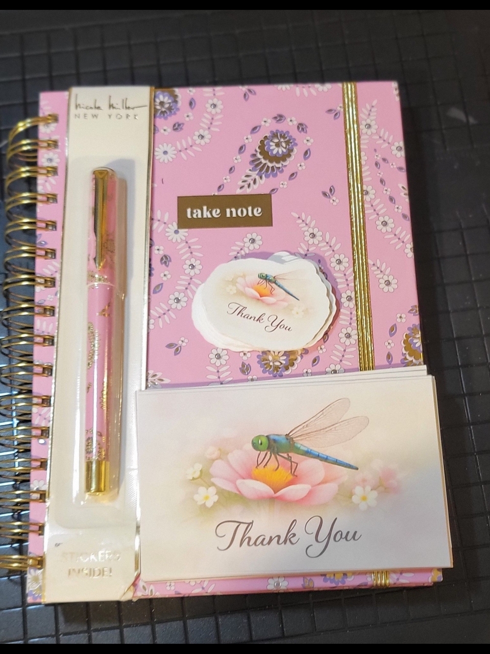 Nicole Miller Pink Floral Notebook & Pen Set Handmade 20 Thank You Cards & Stkrs